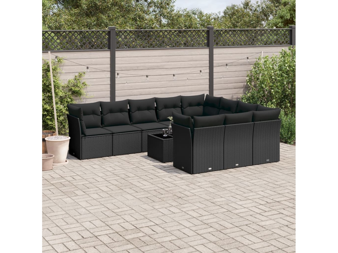 Vidaxl 11 Pcs Conjunto Sofás De Jardim C/ Almofadões Vime Pe Preto
