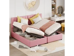 Cama Casal 180x200 Cm Armário Hidráulico Tecido Linho Rosa