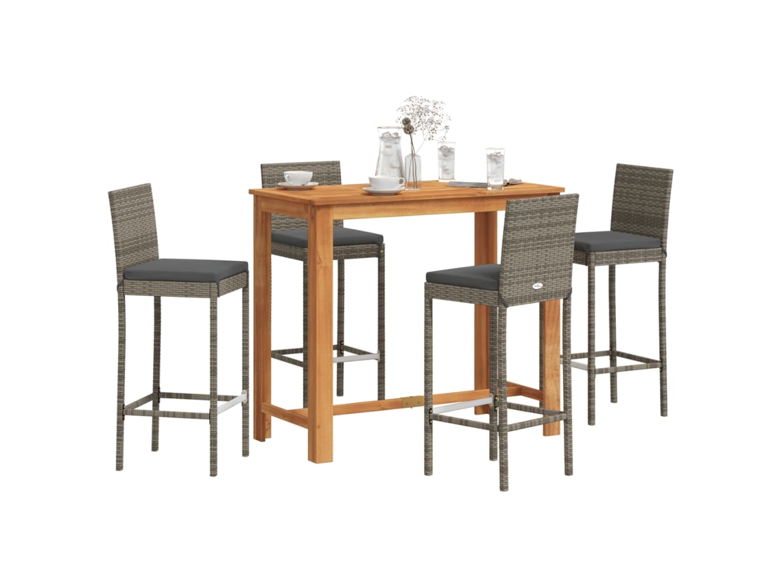 Vidaxl 5 Pcs Conjunto De Bar P/ Jardim Acácia Maciça/vime Pe Cinzento