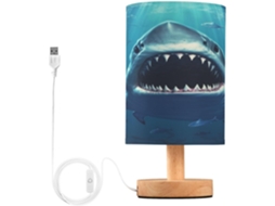 Luminária De Mesa Em Formato Tubarão Skyshu Pequena Led Usb Com Base Madeira Antiderrapante E Cúpula Que Não Agride Os