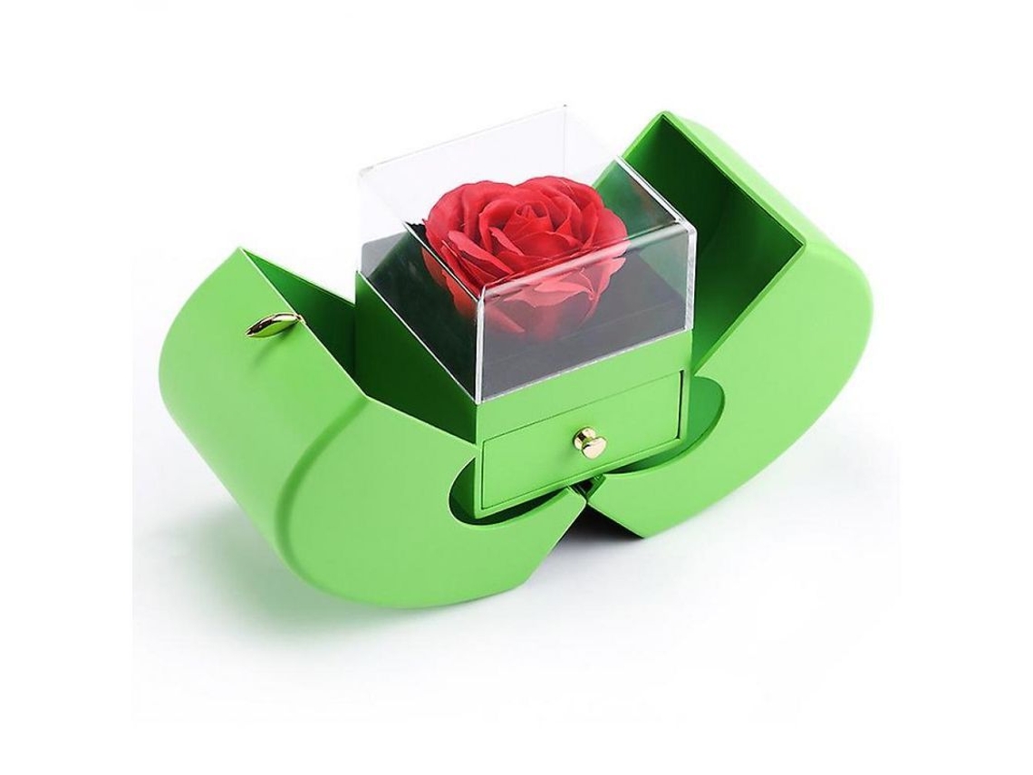 Caixa de joias em formato de maçã, modelo 2026, com flor eterna, ideal para presente de Natal, aniversário ou Dia dos Namorados. Dimensões: 130x90x125mm. Cor: Verde. Sem joias.