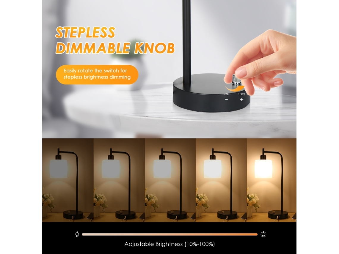 Lâmpada de Mesa Industrial com Abajur de Vidro, 2 Portas USB, Regulável, com Lâmpada Incluída