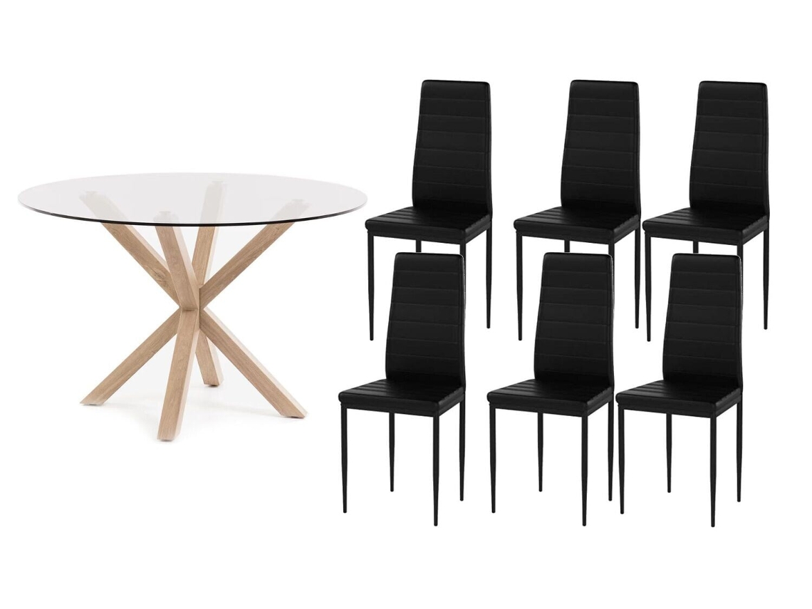 Conjunto Mesa Redonda em Vidro Temperado 120Cm 6 Cadeiras Couro Sintético/Metal Preto SALDOSYSTOCKS