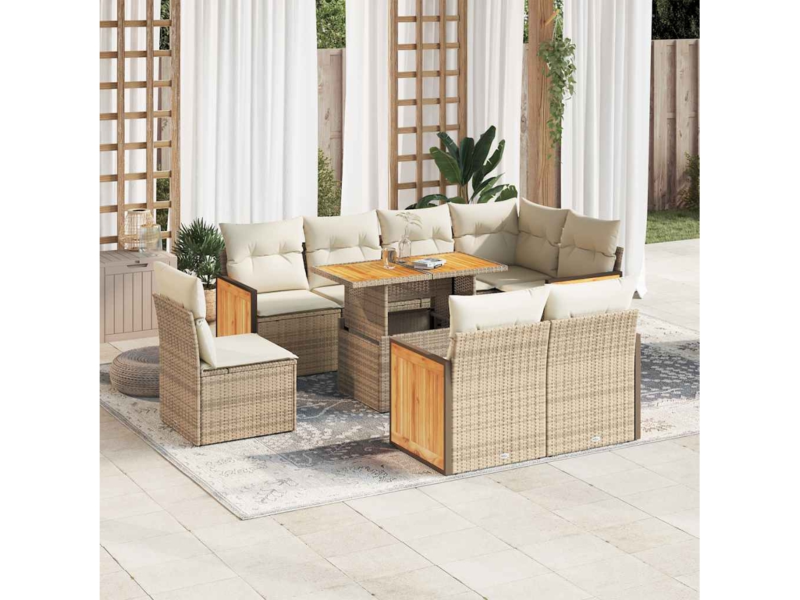 Vidaxl 9 Pcs Conjunto Sofás Jardim Com Almofadões Vime Pe/acácia Bege