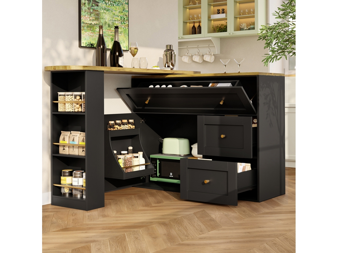 Mesa De Bar Retrátil Com Armazenamento Móvel De Cozinha, Buffet E Ilha De Cozinha, Preto Mega Echo Trade Shop (138 204x39x105cm)