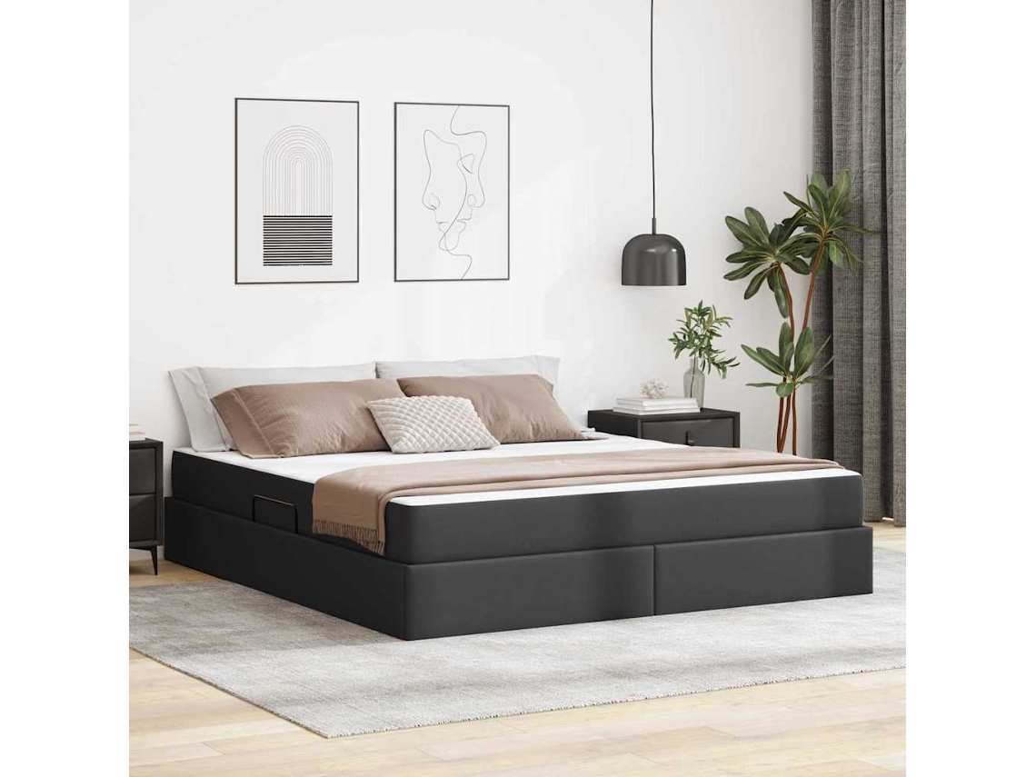 Vidaxl Cama Com Arrumação E Colchão 2 Unid. Preto Couro
