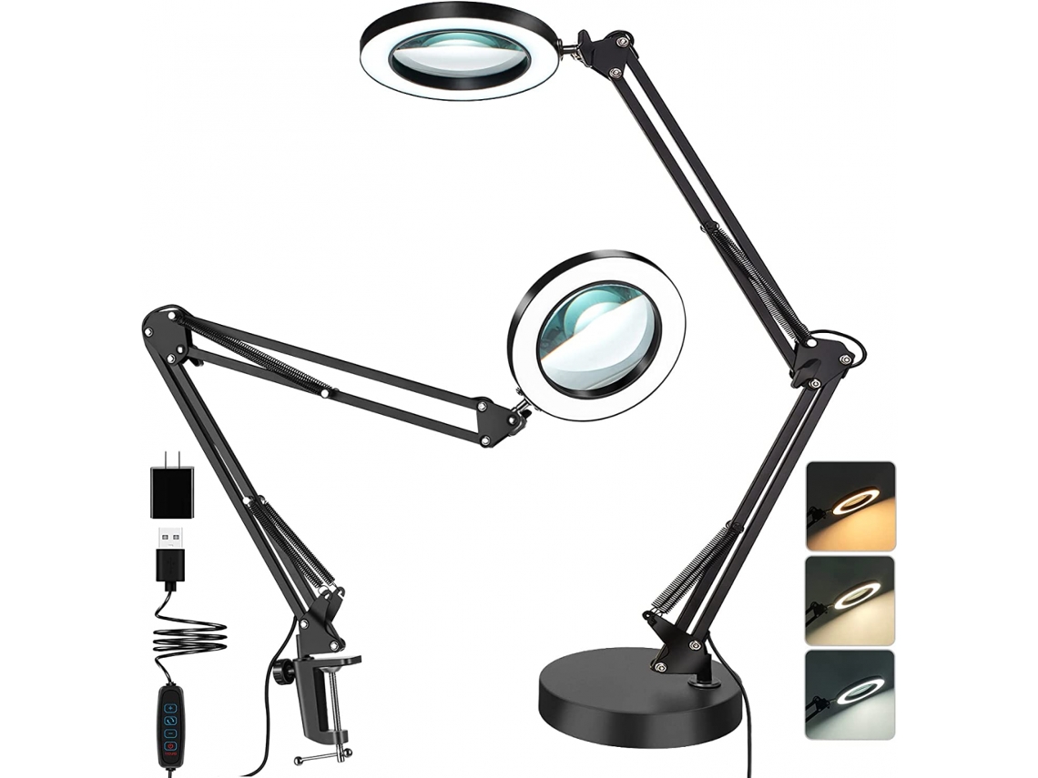 Lupa De Aumento 5x Com Lâmpada E Suporte, Lupa Luminosa Dois Em Um, Lupa Com Base E Fixação Por Grampo Em Três Modos De Cor. Aquaforge