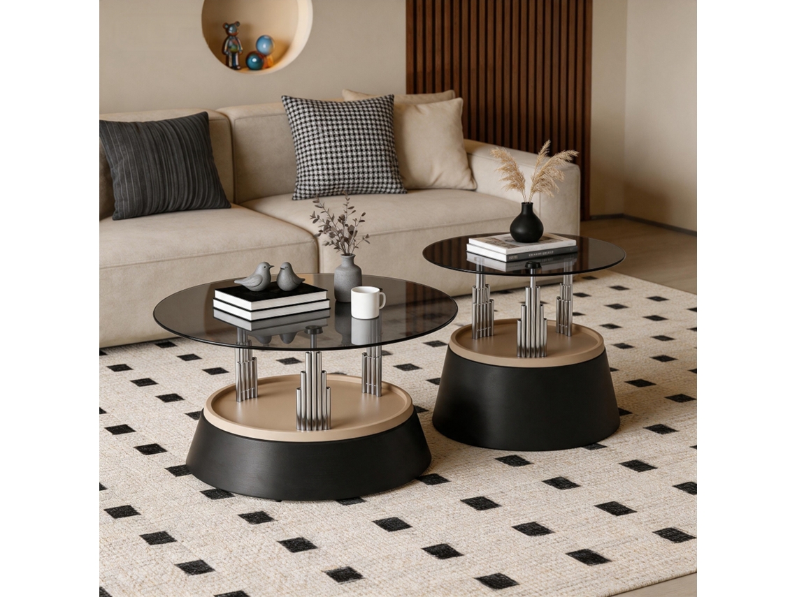 2 Mesa De Centro Conjunto Tampo Vidro Moderno Design Sala, Compacto, . Dimensões