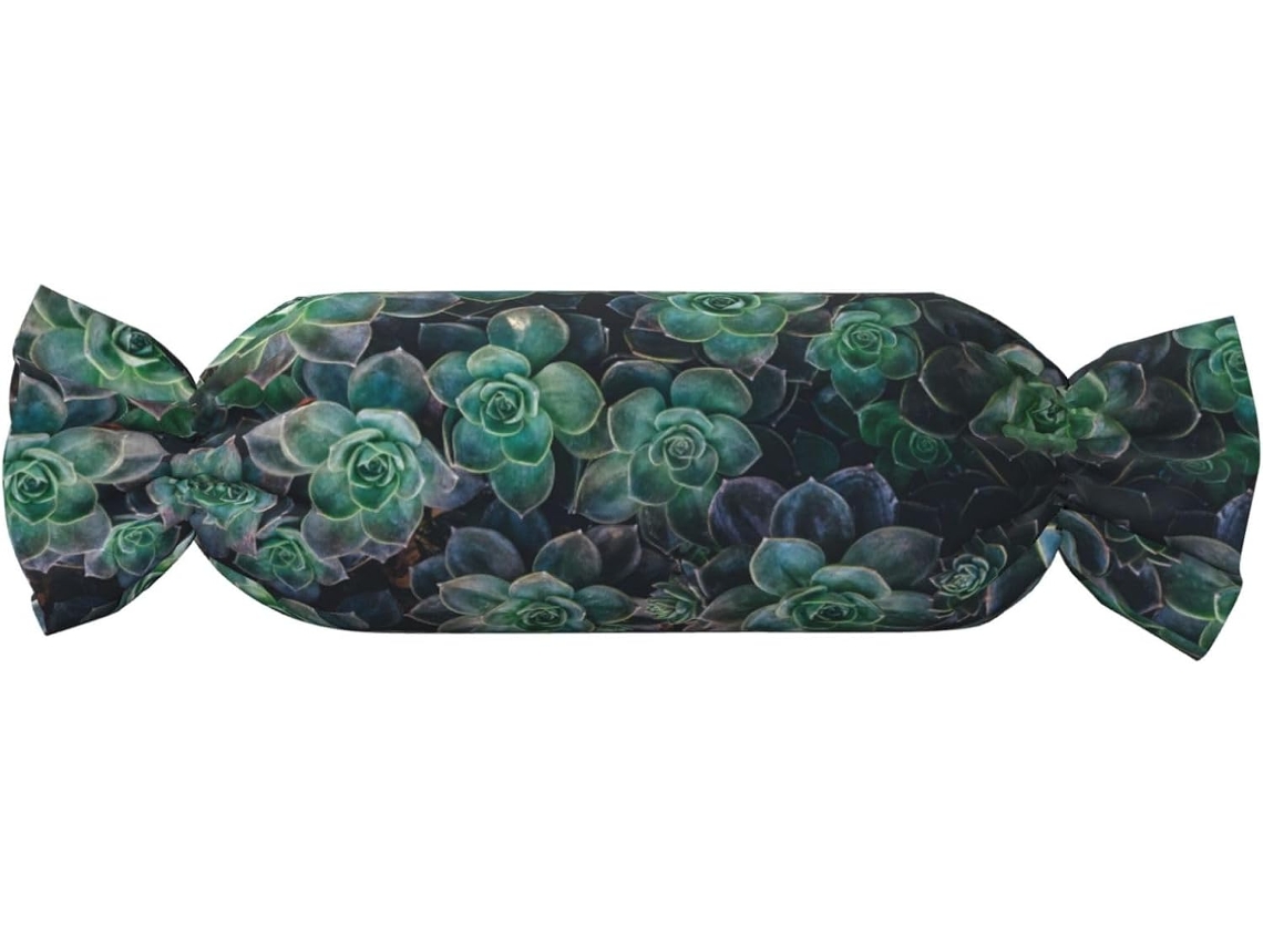 Almofada Cilíndrica Formato de Doce com Estampa Suculentas Verdes 100 % Poliéster Ideal para Viagens, Casa e
