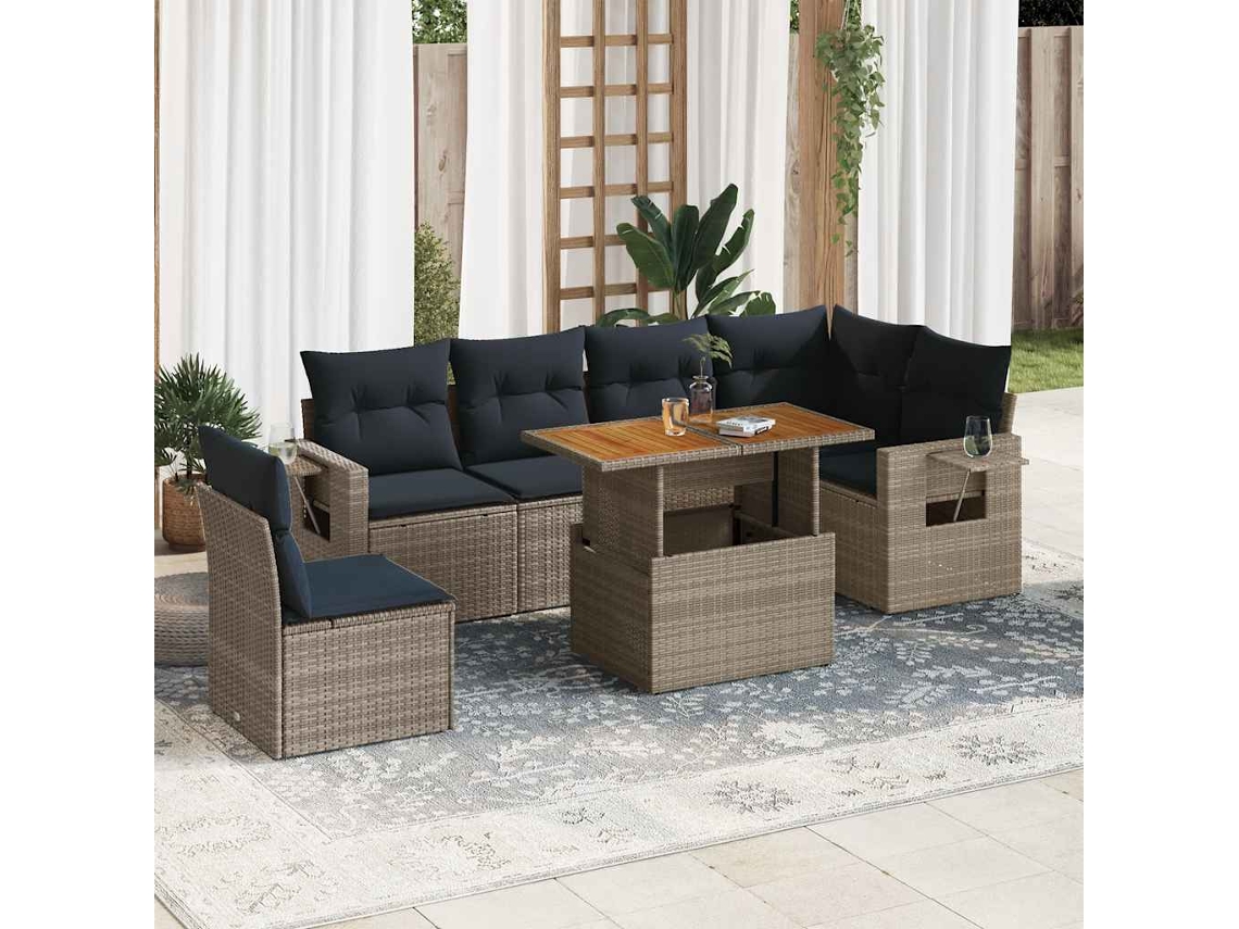 Vidaxl 7 Pcs Conjunto Sofás P/ Jardim C/ Almofadões Vime Pe Cinzento