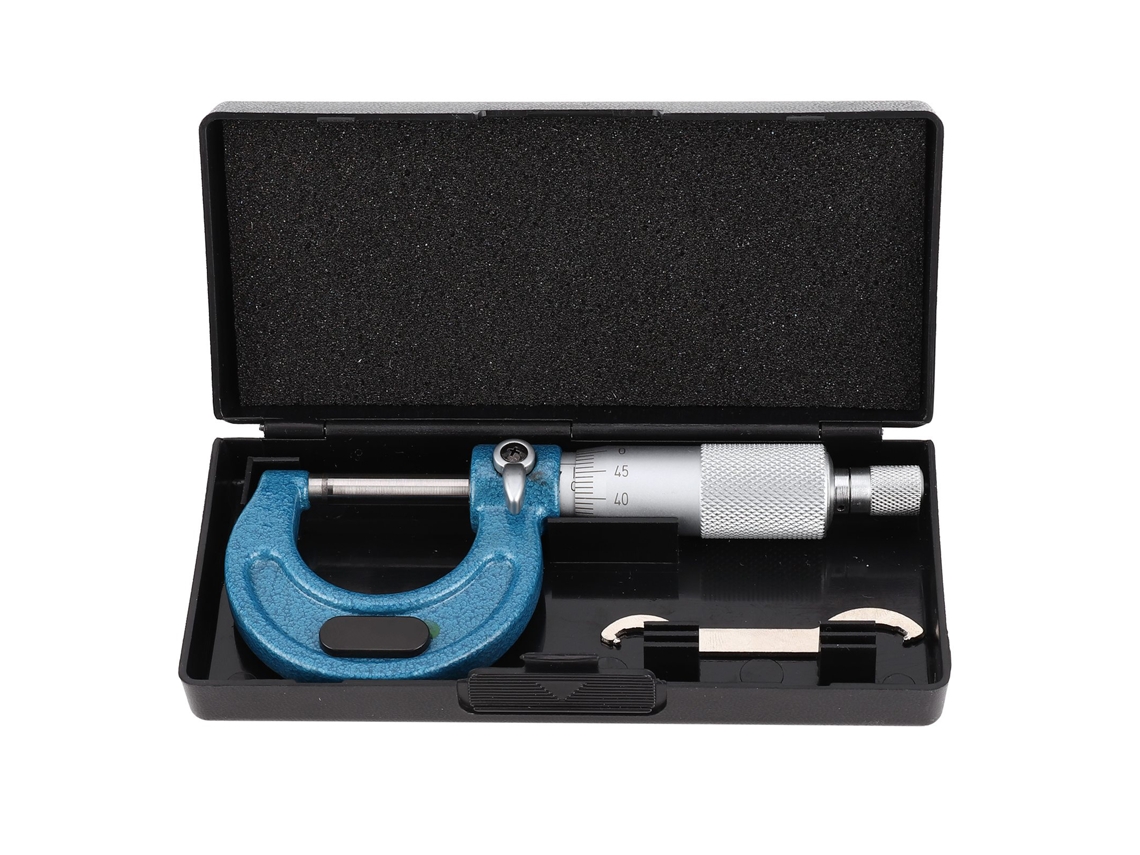 Micrômetro de aço carbono com escala a laser para medição do diâmetro externo de espirais de 0 a 25 mm com dispositivo de travamento.
