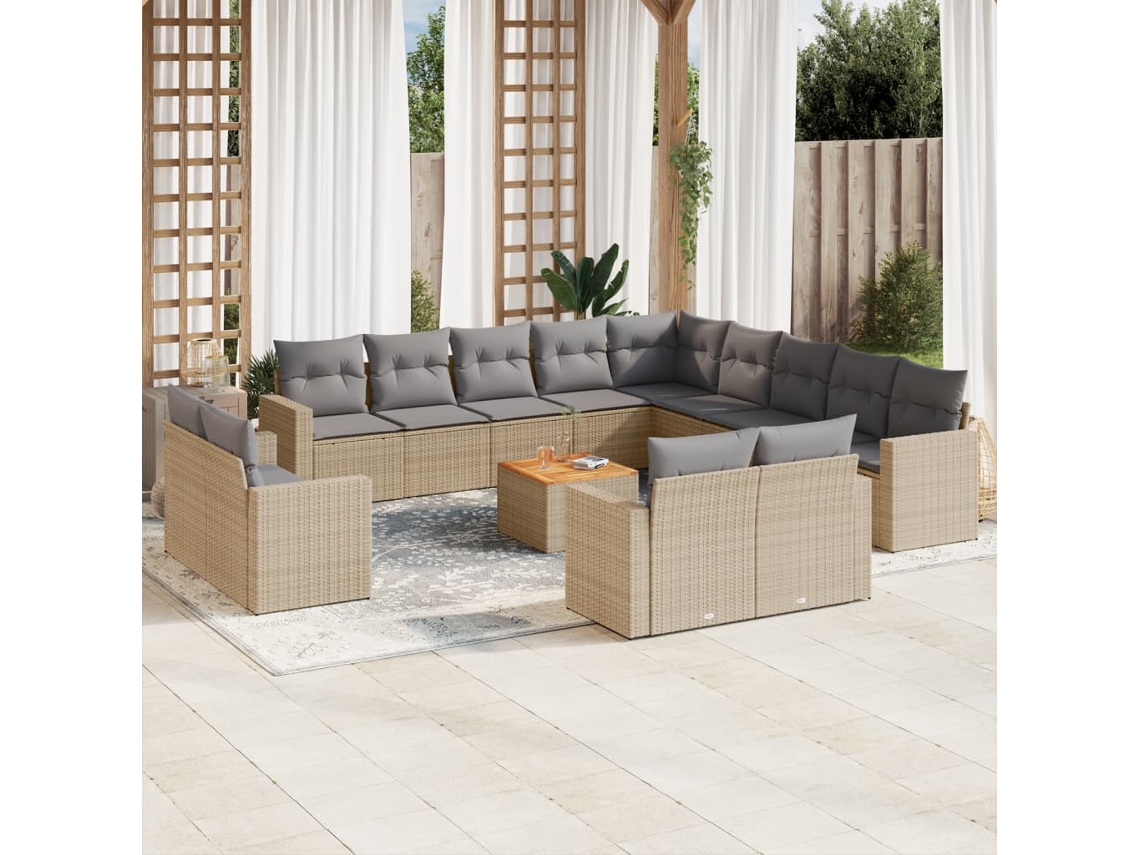 Vidaxl 14 Pcs Conj. Sofás Jardim C/ Almofadões Vime Pe Bege Misturado