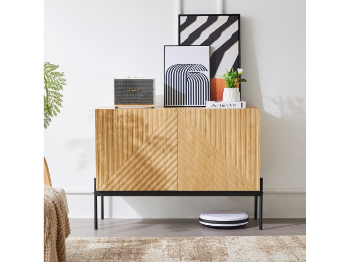 Buffet BTFORUS com 2 Portas e Pernas de Metal, Cômoda com Design de Linhas, 75x100x40 cm