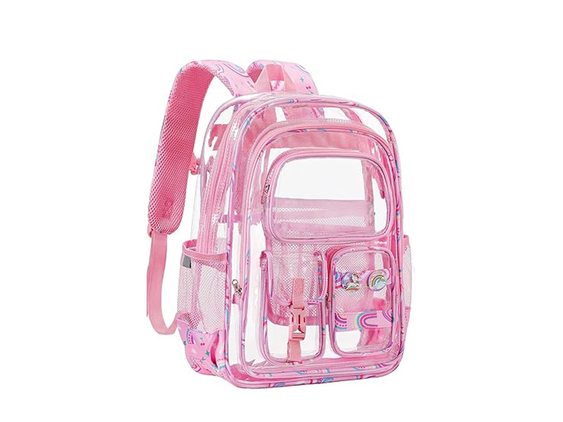 Mochila escolar feminina transparente de grande capacidade na cor rosa-claro.