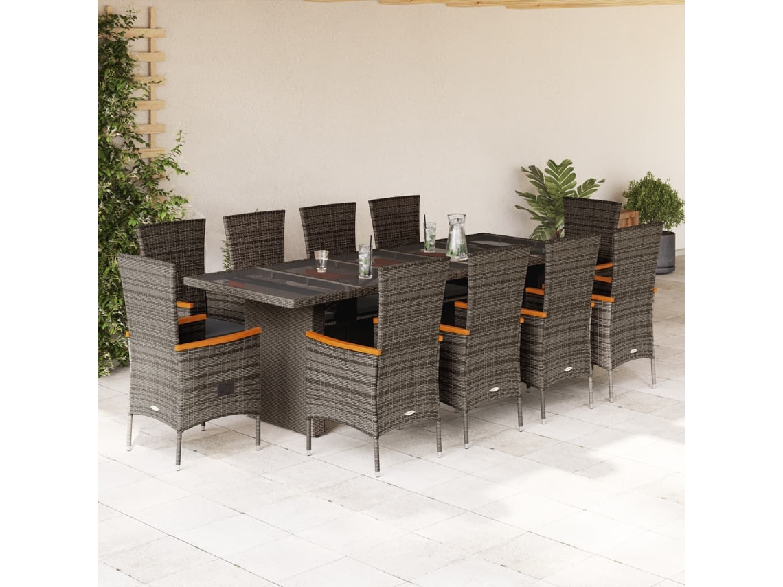 Vidaxl 11 Pcs Conjunto Jantar P/ Jardim C/ Almofadões Vime Pe Cinzento