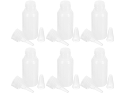 Conjunto de 6 pequenos frascos de 30ml em PE flexível com bico de precisão.