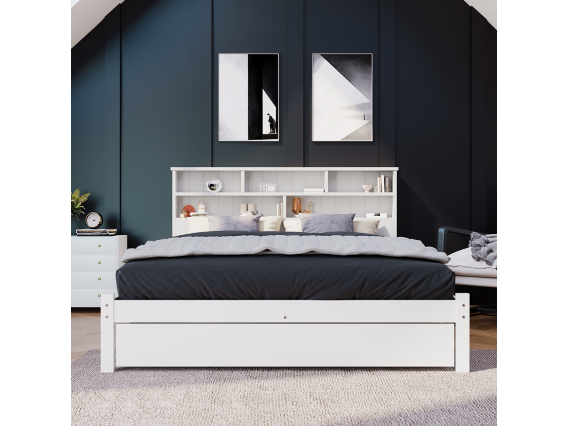 Cama Casal Madeira Maciça 140x200cm Branca Com Gavetas