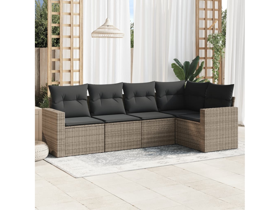Vidaxl 5 Pcs Conjunto Sofás De Jardim C/ Almofadões Vime Pe Cinzento