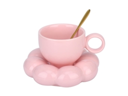 Caneca De Café Cerâmica, Conjunto Xícara E Pires Com Estampa Nuvem, Colher Pires, Xícaras Para Latte 200ml Aquaforge (rosa)