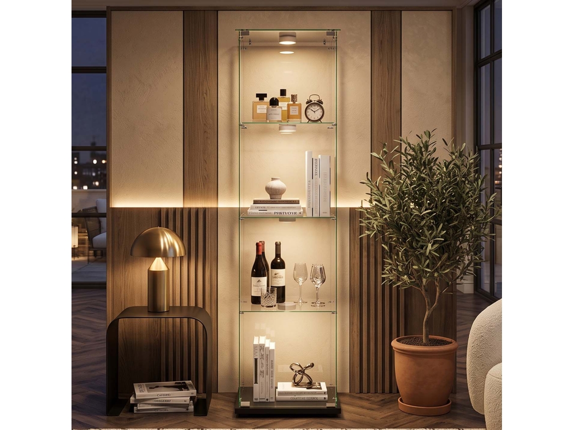Lazyspace Vitrine De Vidro Temperado 163x40x35 Cm De 4 Níveis Com Iluminação Led E Fechadura - Preto