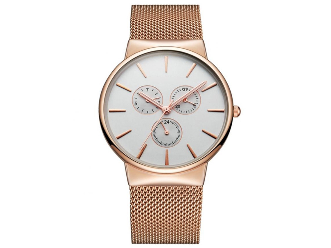 Relógio de pulso Biden em aço inoxidável, redondo, com mecanismo de quartzo e à prova d'água (pulseira em ouro rosa)