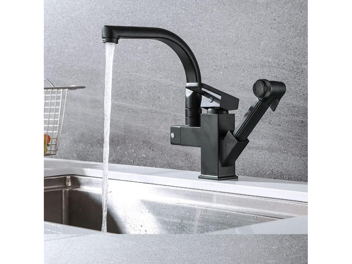 Torneira De Cozinha Preta Para Instalação Em Bancada Com Misturador Flexível Extensível.