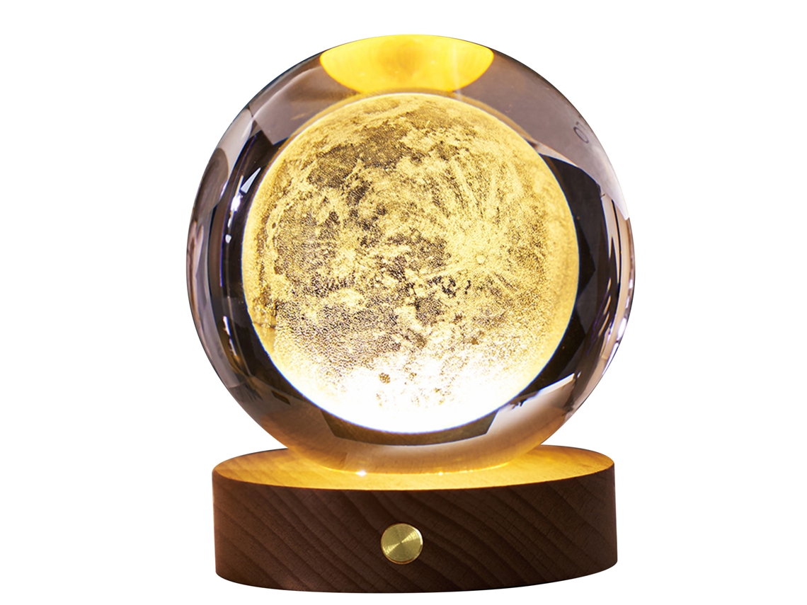 Rebe-lâmpada De Noite De Cristal 3d Com Base De Madeira, Luz Suave, Recarregável, Para Dormitório Lar Lua