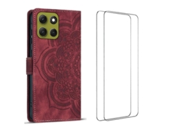 Capa Tkdaddy Para Motorola Moto G56 5g Com 2 Peças De Vidro Temperado Wanlonfeng Mtl Series Mandala Couro Capa De Celular Vermelha