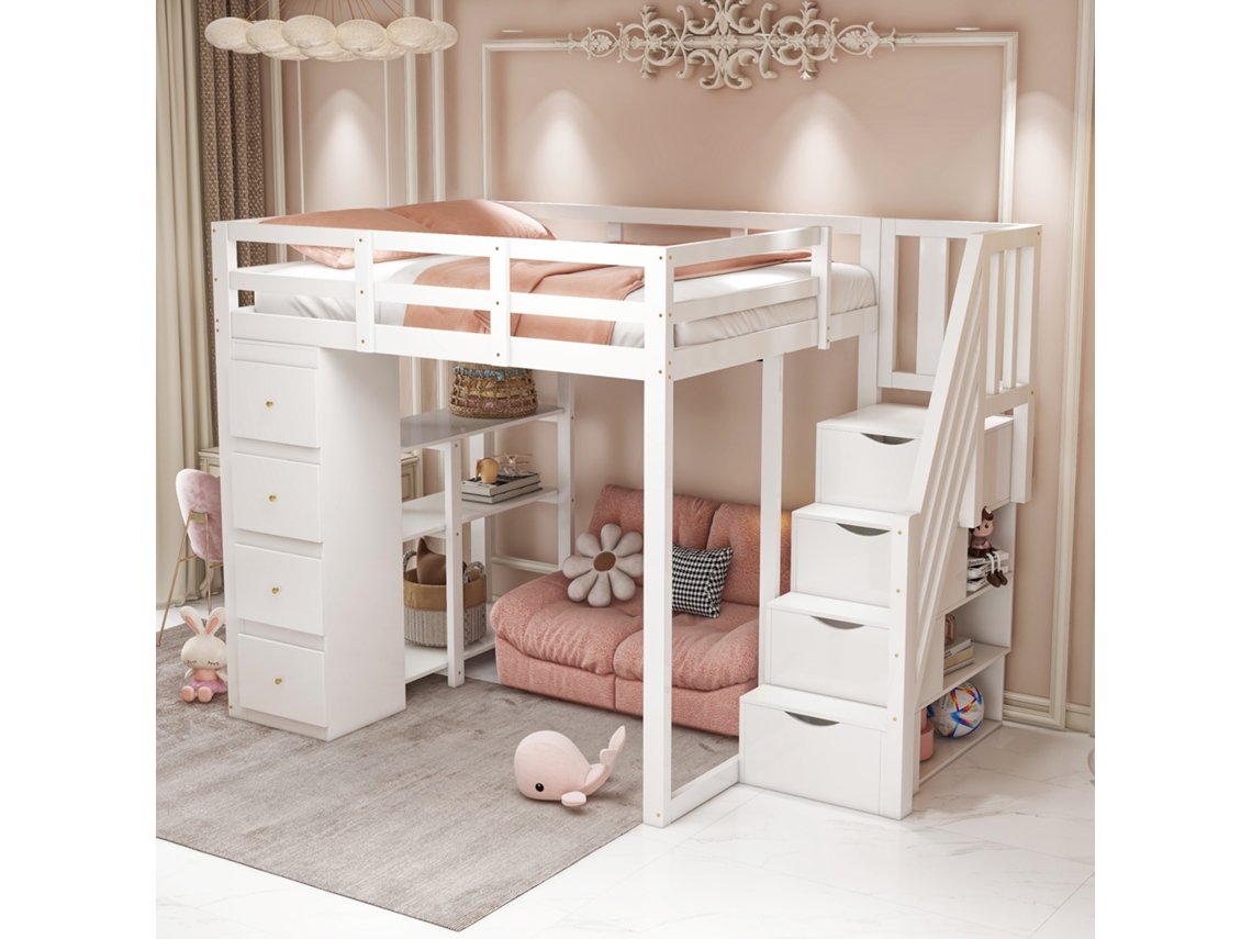 Cama Alta 140x200 Madeira com Arrumação Branca