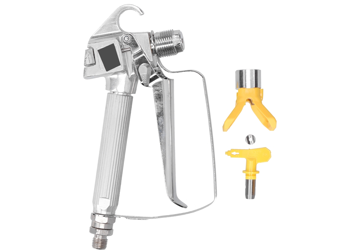 Máquina de pintura portátil de alta pressão sem ar com bico e base de tinta.