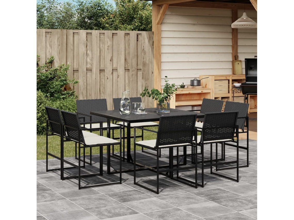 9 Pcs Conjunto De Jantar P/ Jardim C/ Almofadões Vime Pe Preto Dkd Home Decor