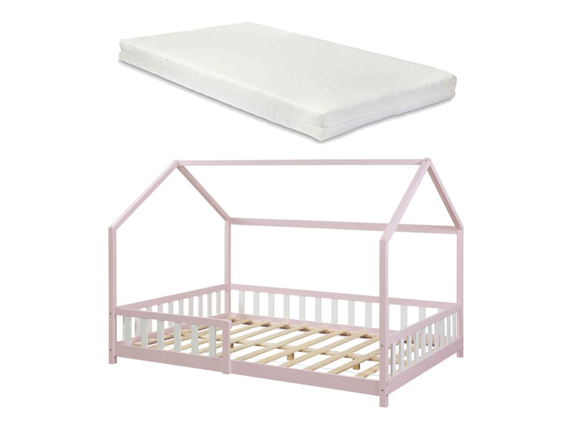 Cama de Criança Hesel em Forma de Casa com Grelha e Colchão 140X200Cm Rosa [EN.CASA]