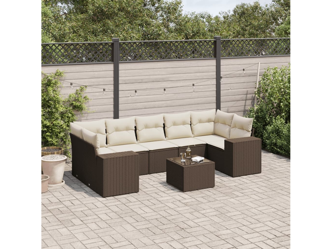 Vidaxl 8 Pcs Conjunto Sofás De Jardim C/ Almofadões Vime Pe Castanho