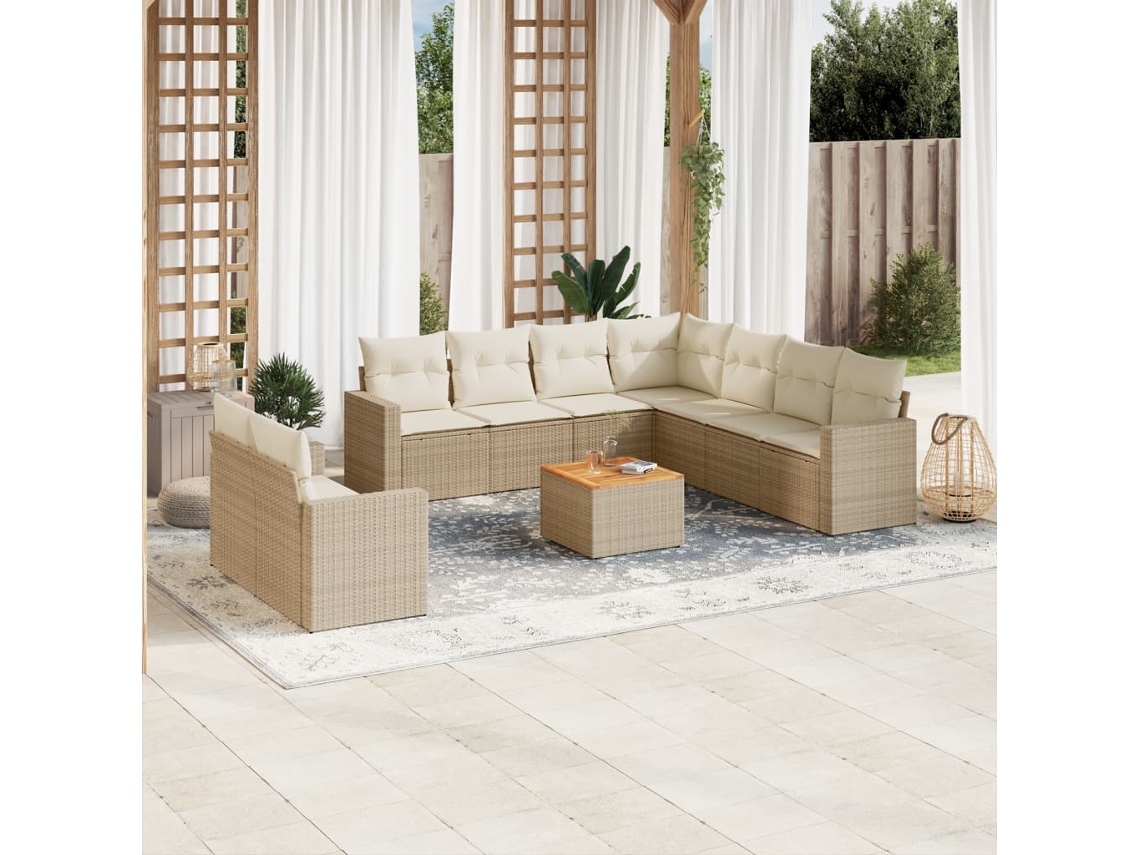 Vidaxl 10 Pcs Conjunto De Sofás P/ Jardim Com Almofadões Vime Pe Bege