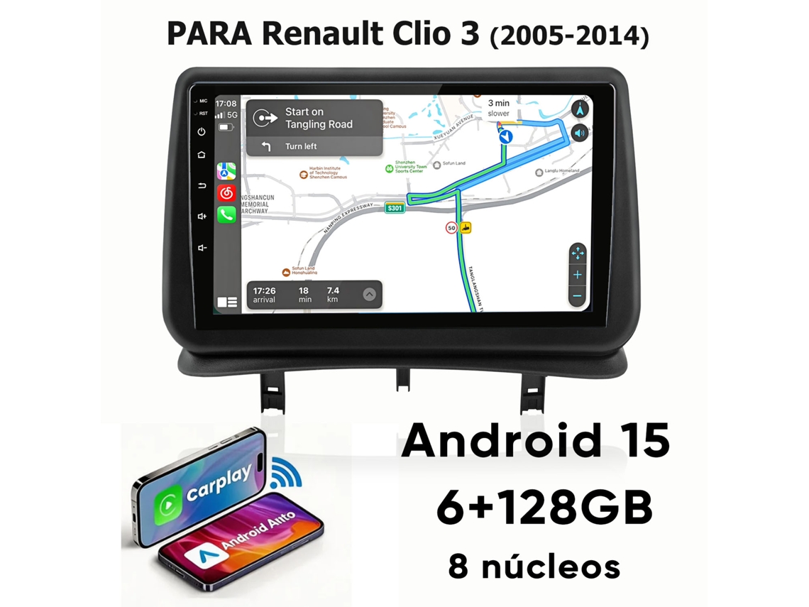 Rádio Carro 9 Polegadas Android 15 6gb+128gb Wifi Bt 5.0 Para Renault Clio 3 (2005-2014) Hexinex Carplay
