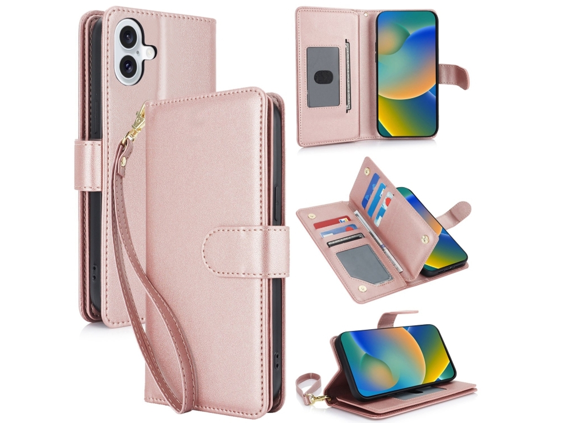Capa Carteira De Couro Para Iphone 16 Plus - Com Rfid - Para Vários Cartões