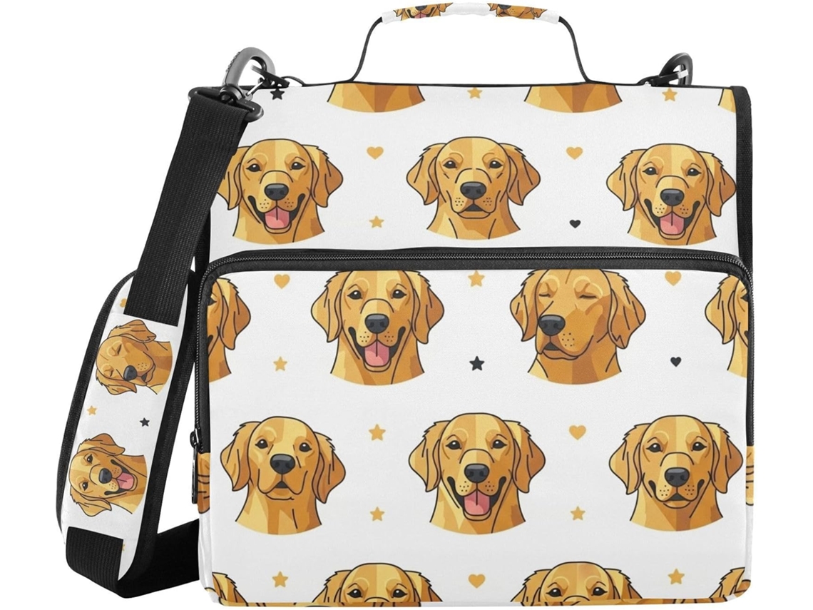 Pasta organizadora com 3 argolas, organizador e diversos bolsos com zíper, estampa de Golden Retriever, ideal para mesa e escritório.