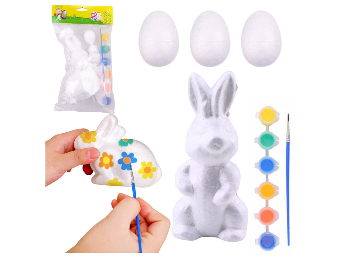Conjunto De Páscoa Ovos De Esferovite 3 Peças Estatueta Coelho Tintas