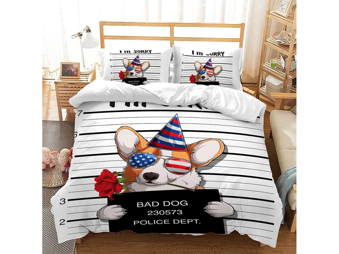 Conjunto de Cama com Estampa Cachorro em Microfibra Fronha 135x200cm