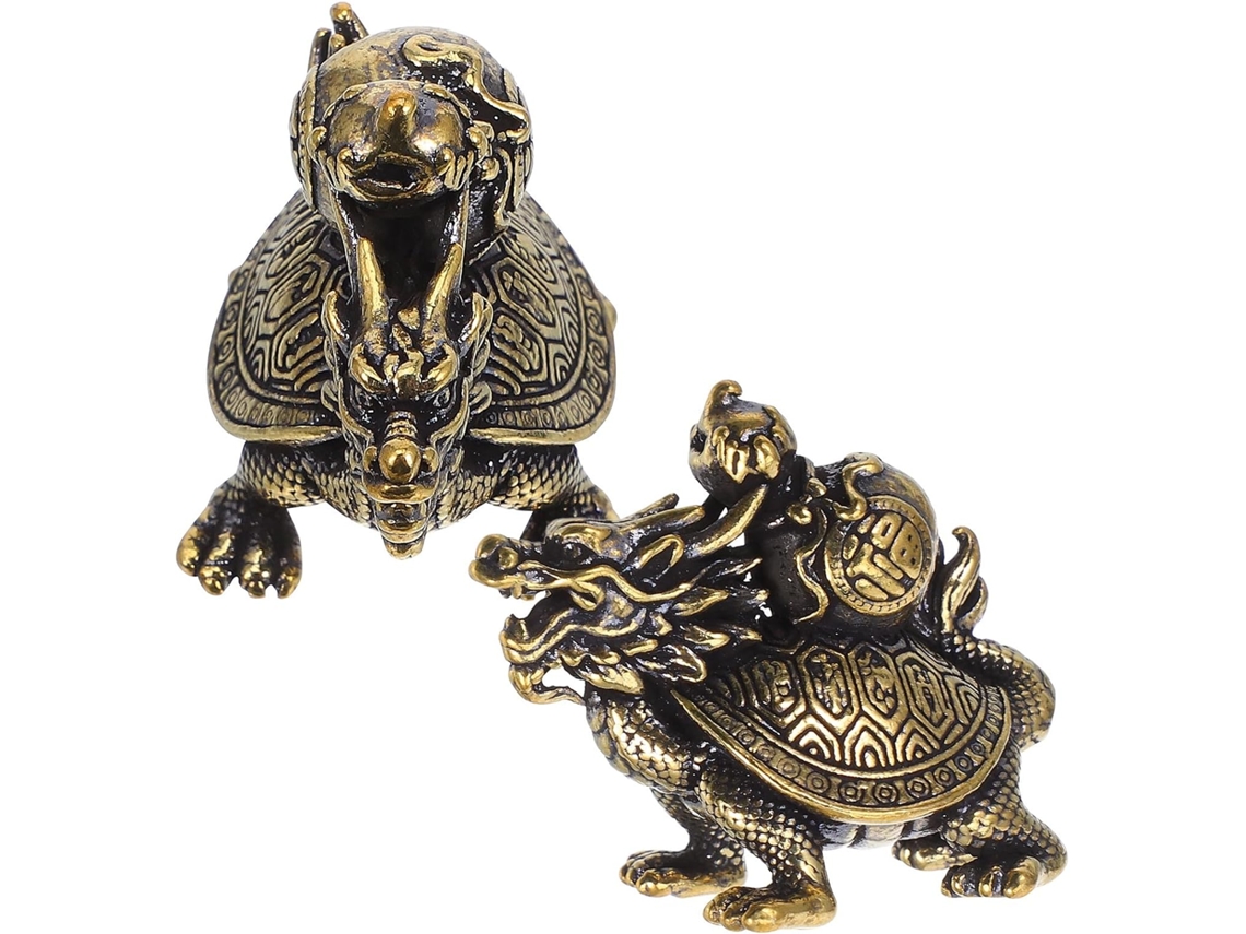 Estátuas Dragões Tartarugas Bronze Vintage Cobre Construção Robusta Tamanho Delicado Conjunto 2 Peças GOKOCO