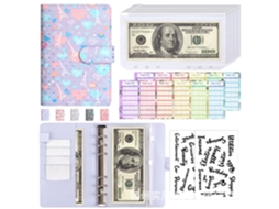 A6 Pu Leather Heart Tower Macaron Ring Binder Notebook Purple With 8-zipper Pouches, 12-cash Budget Cards 2-english