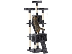 Arranhador de Árvore para Gatos com 3 Poleiros. 2 Casas Suspensas e Jogos. em Madeira e Pelúcia. 49x49x173 Cm. Cinza Ge