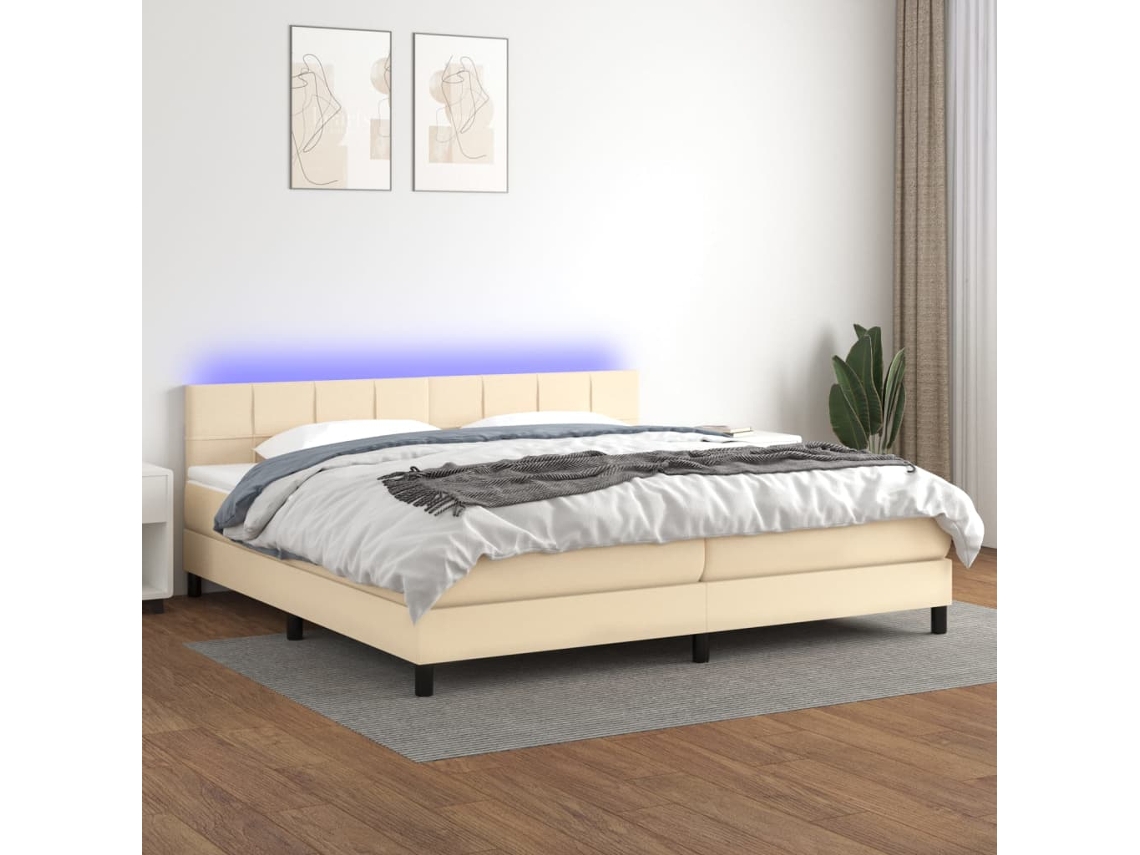 Vidaxl Cama Box Spring C/ Colchão E Led 200x200 Cm Tecido Cor Creme