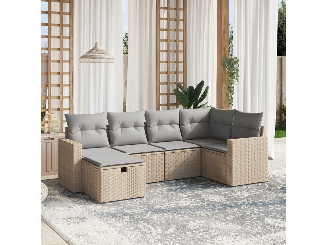 Vidaxl 6 Pcs Conj. Sofás Jardim C/ Almofadões Vime Pe Bege Misturado