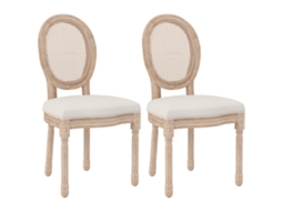 Conjunto De 2 Cadeiras De Jantar Com Encosto, Estilo Linho E Rattan, Pés De Madeira, Cor Branco Creme.