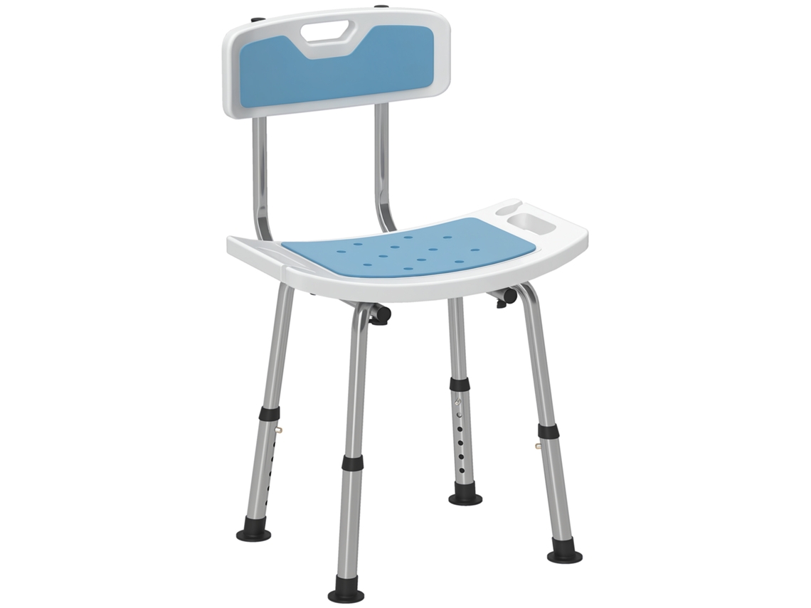Cadeira de Chuveiro para Idosos com Encosto e Altura Ajustável em 6 Níveis, Carga Máxima de 300 Libras Azul Claro e Branco