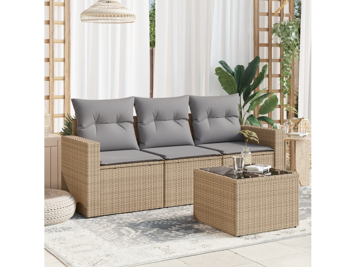 Vidaxl 4 Pcs Conjunto De Sofás Para Jardim C/ Almofadões Vime Pe Bege
