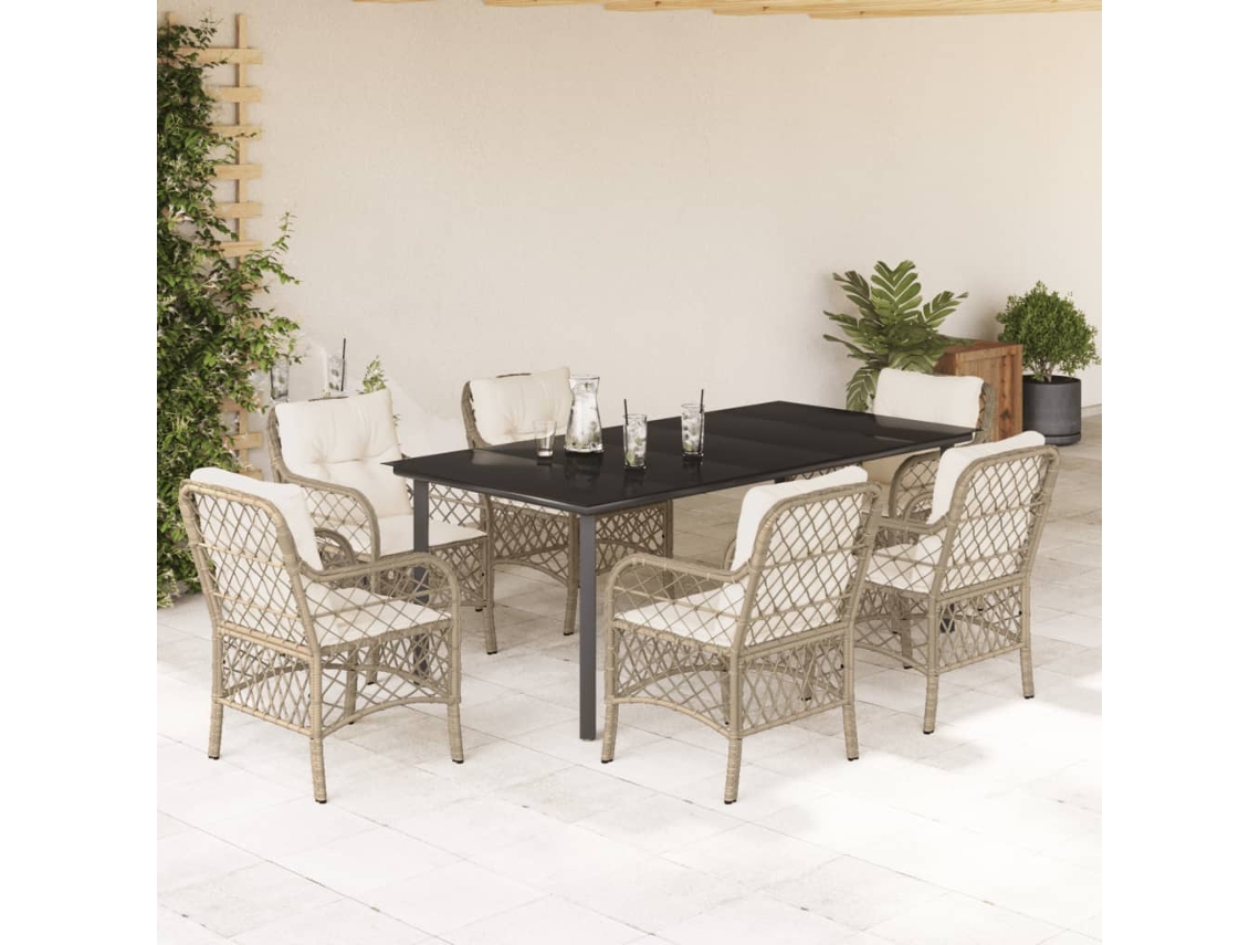 Vidaxl 7 Pcs Conjunto De Jantar P/ Jardim Com Almofadões Vime Pe Bege