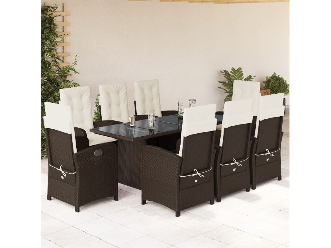 Conjunto 9 Peças Jantar P/ Jardim C/ Almofadões Vime Pe Marrom Dkd Home Decor
