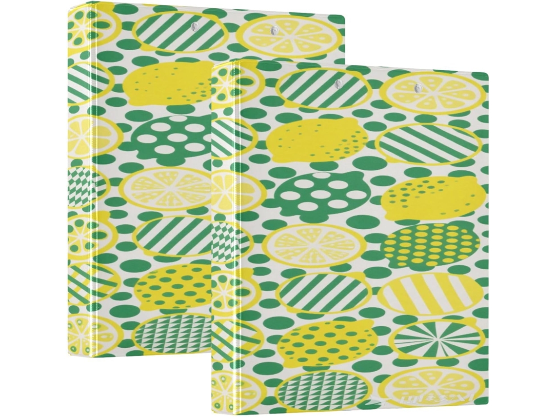 Pasta escolar amarela e verde com bolinhas, 3,8 cm x 1,5 cm, 3 argolas com saquinhos, pacote com 1 ou 2 unidades, capa